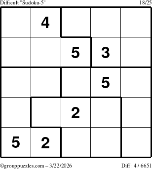 The grouppuzzles.com Difficult Sudoku-5 puzzle for Sunday March 22, 2026