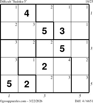 The grouppuzzles.com Difficult Sudoku-5 puzzle for Sunday March 22, 2026, suitable for printing, with all 4 steps marked