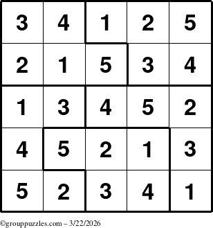 The grouppuzzles.com Answer grid for the Sudoku-5 puzzle for Sunday March 22, 2026