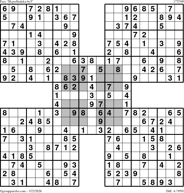 The grouppuzzles.com Easy HyperSudoku-by5 puzzle for Sunday March 22, 2026