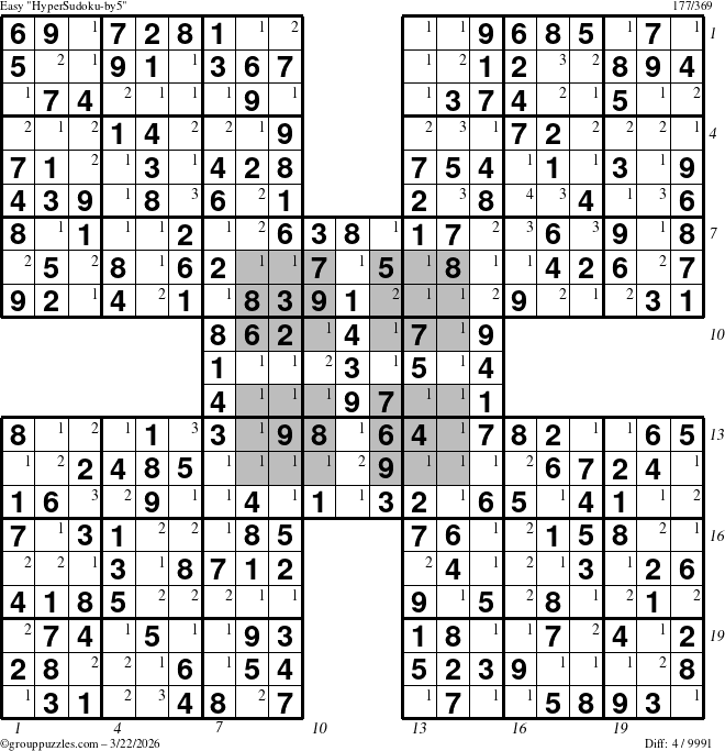 The grouppuzzles.com Easy HyperSudoku-by5 puzzle for Sunday March 22, 2026, suitable for printing, with all 4 steps marked