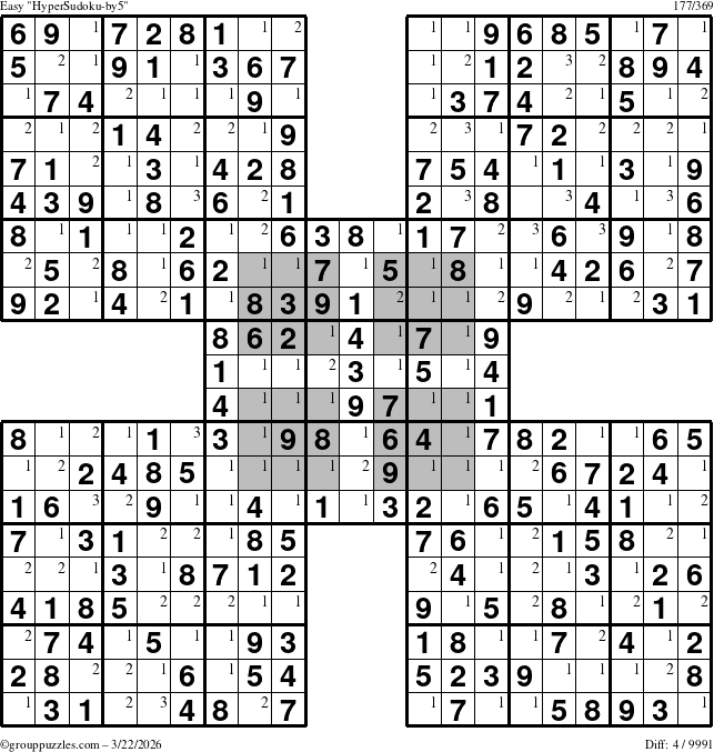The grouppuzzles.com Easy HyperSudoku-by5 puzzle for Sunday March 22, 2026 with the first 3 steps marked