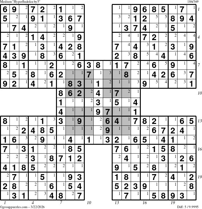 The grouppuzzles.com Medium HyperSudoku-by5 puzzle for Sunday March 22, 2026, suitable for printing, with all 5 steps marked