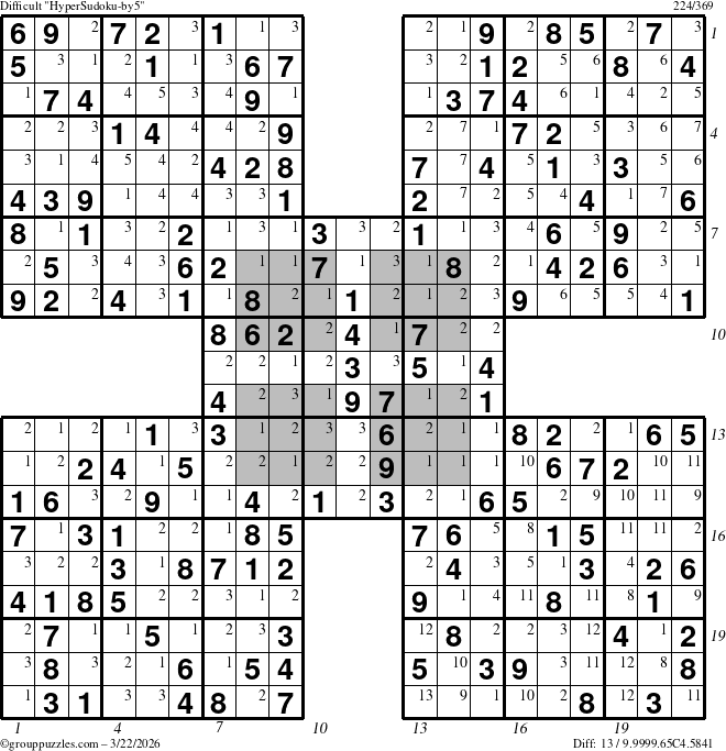 The grouppuzzles.com Difficult HyperSudoku-by5 puzzle for Sunday March 22, 2026 with all 13 steps marked