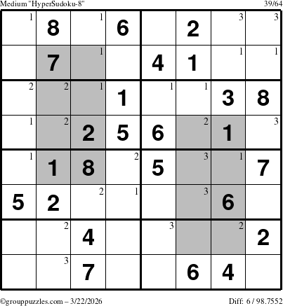 The grouppuzzles.com Medium HyperSudoku-8 puzzle for Sunday March 22, 2026 with the first 3 steps marked