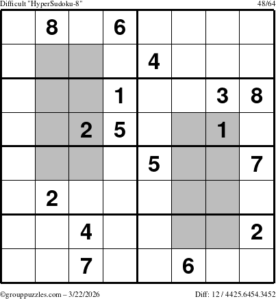 The grouppuzzles.com Difficult HyperSudoku-8 puzzle for Sunday March 22, 2026