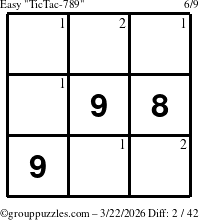 The grouppuzzles.com Easy TicTac-789 puzzle for Sunday March 22, 2026 with the first 2 steps marked