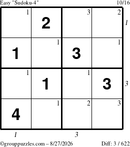 The grouppuzzles.com Easy Sudoku-4 puzzle for Thursday August 27, 2026, suitable for printing, with all 3 steps marked