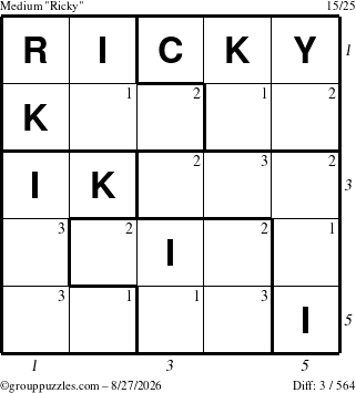 The grouppuzzles.com Medium Ricky puzzle for Thursday August 27, 2026, suitable for printing, with all 3 steps marked