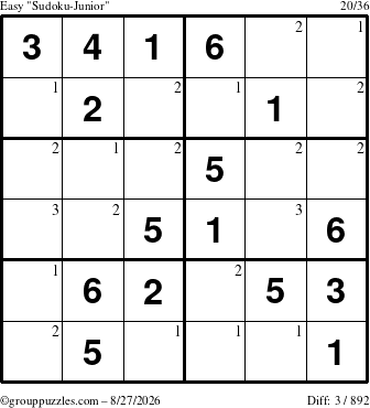 The grouppuzzles.com Easy Sudoku-Junior puzzle for Thursday August 27, 2026 with the first 3 steps marked
