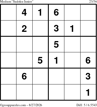 The grouppuzzles.com Medium Sudoku-Junior puzzle for Thursday August 27, 2026