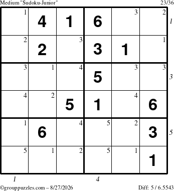 The grouppuzzles.com Medium Sudoku-Junior puzzle for Thursday August 27, 2026, suitable for printing, with all 5 steps marked