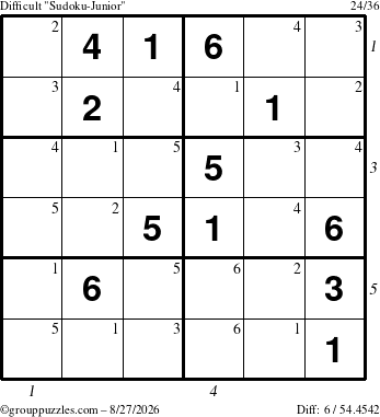 The grouppuzzles.com Difficult Sudoku-Junior puzzle for Thursday August 27, 2026 with all 6 steps marked