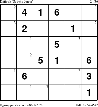 The grouppuzzles.com Difficult Sudoku-Junior puzzle for Thursday August 27, 2026 with the first 3 steps marked