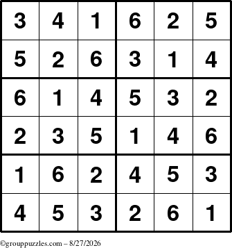 The grouppuzzles.com Answer grid for the Sudoku-Junior puzzle for Thursday August 27, 2026