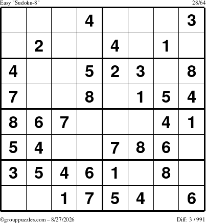 The grouppuzzles.com Easy Sudoku-8 puzzle for Thursday August 27, 2026