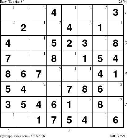 The grouppuzzles.com Easy Sudoku-8 puzzle for Thursday August 27, 2026 with all 3 steps marked