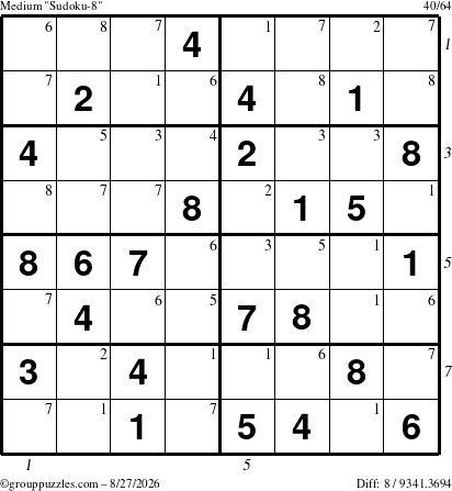 The grouppuzzles.com Medium Sudoku-8 puzzle for Thursday August 27, 2026 with all 8 steps marked