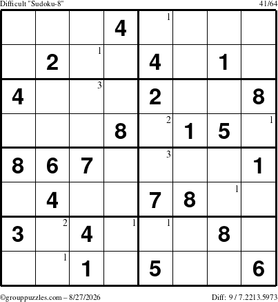 The grouppuzzles.com Difficult Sudoku-8 puzzle for Thursday August 27, 2026 with the first 3 steps marked
