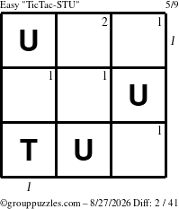 The grouppuzzles.com Easy TicTac-STU puzzle for Thursday August 27, 2026 with all 2 steps marked