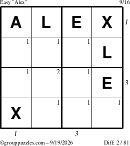 The grouppuzzles.com Easy Alex puzzle for Saturday September 19, 2026, suitable for printing, with all 2 steps marked