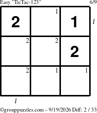 The grouppuzzles.com Easy TicTac-123 puzzle for Saturday September 19, 2026 with all 2 steps marked