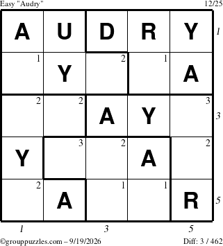 The grouppuzzles.com Easy Audry puzzle for Saturday September 19, 2026, suitable for printing, with all 3 steps marked