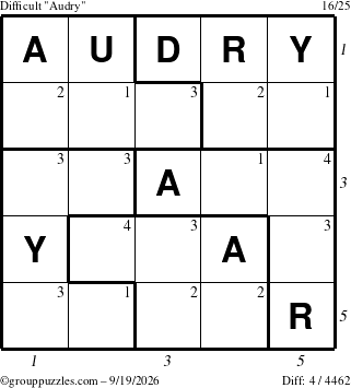 The grouppuzzles.com Difficult Audry puzzle for Saturday September 19, 2026, suitable for printing, with all 4 steps marked