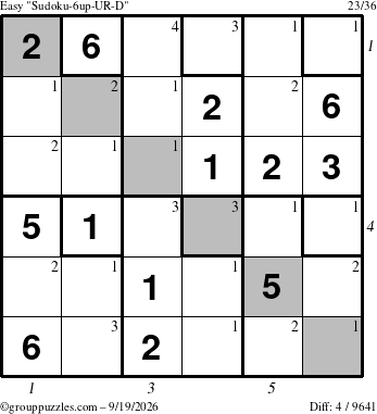 The grouppuzzles.com Easy Sudoku-6up-UR-D puzzle for Saturday September 19, 2026, suitable for printing, with all 4 steps marked