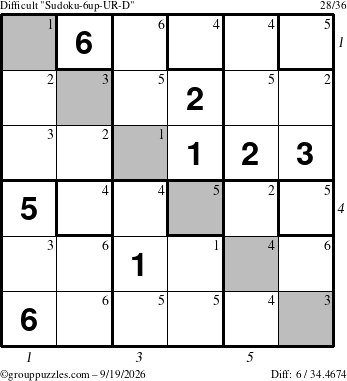 The grouppuzzles.com Difficult Sudoku-6up-UR-D puzzle for Saturday September 19, 2026, suitable for printing, with all 6 steps marked