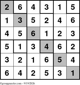 The grouppuzzles.com Answer grid for the Sudoku-6up-UR-D puzzle for Saturday September 19, 2026