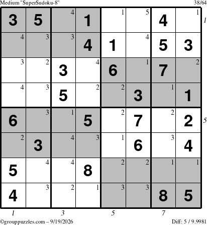 The grouppuzzles.com Medium SuperSudoku-8 puzzle for Saturday September 19, 2026, suitable for printing, with all 5 steps marked