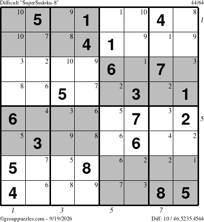 The grouppuzzles.com Difficult SuperSudoku-8 puzzle for Saturday September 19, 2026 with all 10 steps marked