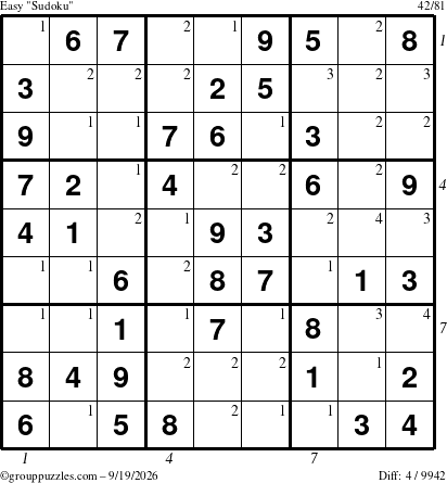 The grouppuzzles.com Easy Sudoku puzzle for Saturday September 19, 2026, suitable for printing, with all 4 steps marked