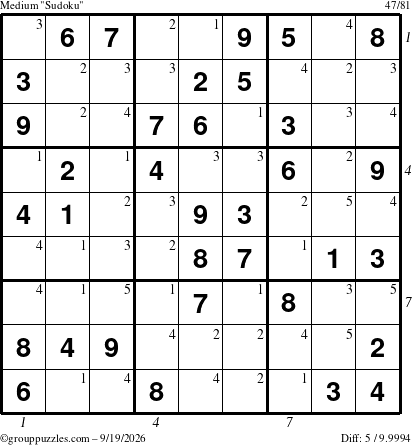 The grouppuzzles.com Medium Sudoku puzzle for Saturday September 19, 2026, suitable for printing, with all 5 steps marked