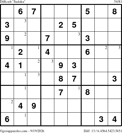 The grouppuzzles.com Difficult Sudoku puzzle for Saturday September 19, 2026 with the first 3 steps marked