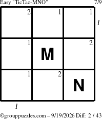 The grouppuzzles.com Easy TicTac-MNO puzzle for Saturday September 19, 2026, suitable for printing, with all 2 steps marked