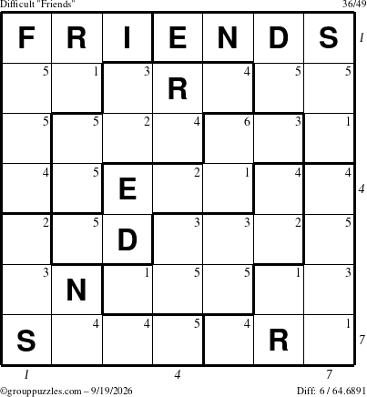 The grouppuzzles.com Difficult Friends puzzle for Saturday September 19, 2026, suitable for printing, with all 6 steps marked