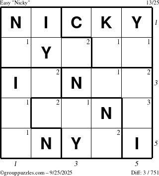 The grouppuzzles.com Easy Nicky puzzle for Thursday September 25, 2025 with all 3 steps marked