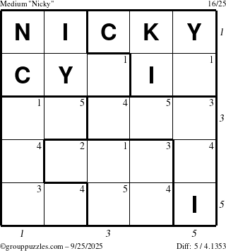 The grouppuzzles.com Medium Nicky puzzle for Thursday September 25, 2025 with all 5 steps marked