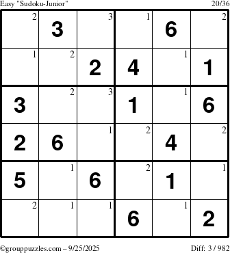 The grouppuzzles.com Easy Sudoku-Junior puzzle for Thursday September 25, 2025 with the first 3 steps marked
