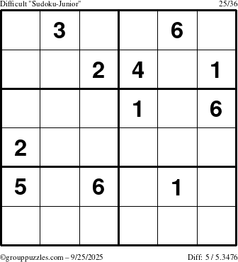 The grouppuzzles.com Difficult Sudoku-Junior puzzle for Thursday September 25, 2025