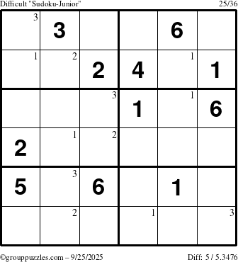 The grouppuzzles.com Difficult Sudoku-Junior puzzle for Thursday September 25, 2025 with the first 3 steps marked