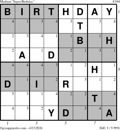The grouppuzzles.com Medium Super-Birthday puzzle for Tuesday April 23, 2024 with all 5 steps marked