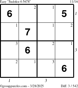 The grouppuzzles.com Easy Sudoku-4-5678 puzzle for Friday March 28, 2025 with all 3 steps marked