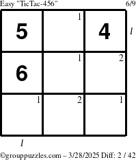 The grouppuzzles.com Easy TicTac-456 puzzle for Friday March 28, 2025 with all 2 steps marked