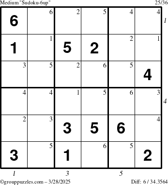 The grouppuzzles.com Medium Sudoku-6up puzzle for Friday March 28, 2025, suitable for printing, with all 6 steps marked