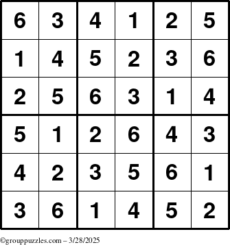 The grouppuzzles.com Answer grid for the Sudoku-6up puzzle for Friday March 28, 2025