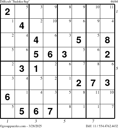 The grouppuzzles.com Difficult Sudoku-8up puzzle for Friday March 28, 2025 with all 11 steps marked