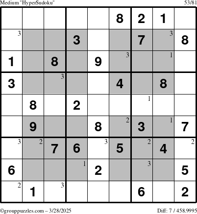 The grouppuzzles.com Medium HyperSudoku puzzle for Friday March 28, 2025 with the first 3 steps marked